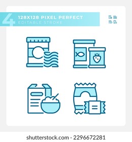 Packaged products pixel perfect blue RGB color icons set. Cooked meal. Prepared food. Supermarket foodservice. Isolated vector illustrations. Simple filled line drawings collection. Editable stroke