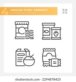 Packaged products pixel perfect linear icons set. Cooked meal. Prepared food. Supermarket foodservice. Customizable thin line symbols. Isolated vector outline illustrations. Editable stroke