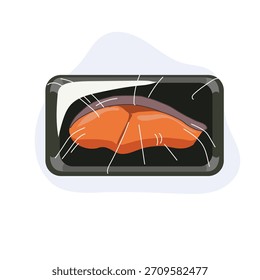 packaged salmon sashimi in a plastic tray with cling wrap