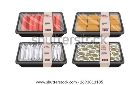 Packaged Sausage, Fish, Nugget, and Shellfish Illustration. Variety of Fresh Food Trays Illustration. Assorted Supermarket Food Packs.