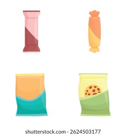 Packaged snack icons set cartoon vector. Various type of fresh snack. Unhealthy junk food