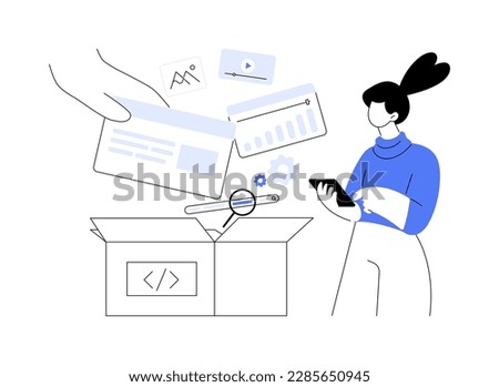 Packaged software abstract concept vector illustration. Multiple applications, video and audio editing software, computer user, free download, business implementation, teamwork abstract metaphor.