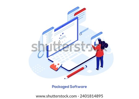 Packaged software isometric concept vector illustration. Multiple applications, video and audio editing software, computer user, free download, business implementation, teamwork abstract metaphor.