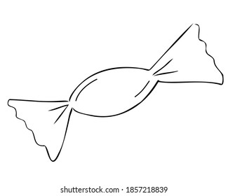 Packaged sweets, caramel, lollipop. Bow. Freehand outline drawing, vector.
