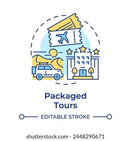 Packaged tours multi color concept icon. Travel service. Guided and organized tour. Adventure trip. Hotel stay. Round shape line illustration. Abstract idea. Graphic design. Easy to use in application