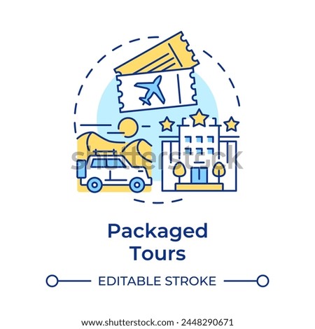 Packaged tours multi color concept icon. Travel service. Guided and organized tour. Adventure trip. Hotel stay. Round shape line illustration. Abstract idea. Graphic design. Easy to use in application