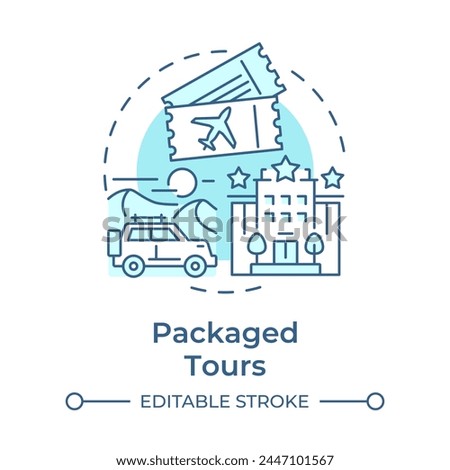 Packaged tours soft blue concept icon. Travel service. Guided and organized tour. Adventure trip. Hotel stay. Round shape line illustration. Abstract idea. Graphic design. Easy to use in application
