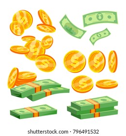 Packages Of Banknotes Vector. Pile Of Cash. Dollar Stack. Hundreds Of Dollars. Isolated Flat Cartoon Illustration
