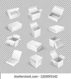 Packages boxes with opened top, set of isolated icons vector. Cardboard for products storage, transporting of items in carton containers on transparent