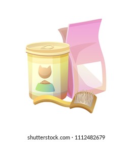 Packages and brush collection, package or canned food can with cat image, wooden hairbrush for pets, pet shop set isolated on vector illustration.