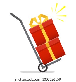 Packages delivery with trolley. Vector icon