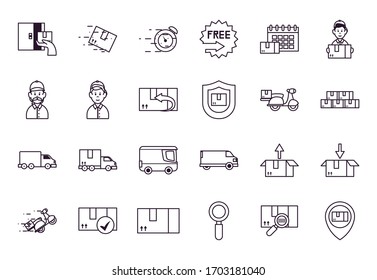 packages and fast delivery icon set over white background, line style, vector illustration