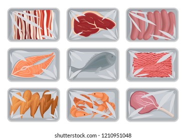 Packages With Fresh Meat, Bacon, Sausages, Fish And Chicken Set, Food Plastic Trays Containers With Transparent Cellophane Cover Vector Illustration