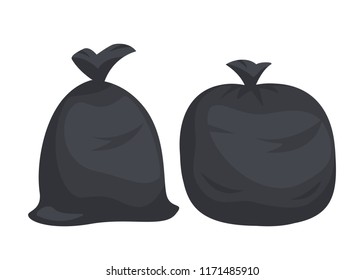 Packages with garbage. Big black plastic bags with wastes isolated on white background. Bag full of litter and rubbish.