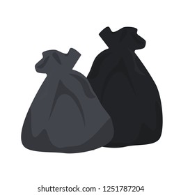 Packages with garbage.  Big black plastic bags with wastes isolated on white background. Packs full of rubbish, packets and litter. Vector illustration