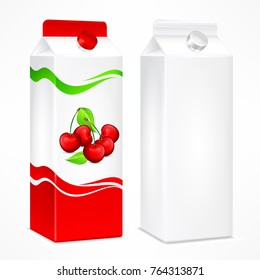 Packages for juice, cardboard pack with cherry juice and beverage blank, vector illustration