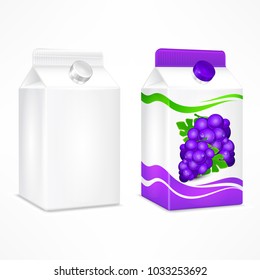 Packages for juice, cardboard pack with grapes and beverage blank. Vector illustration.