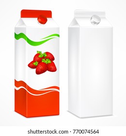 Packages for juice, cardboard pack with strawberry juice and beverage blank, vector illustration