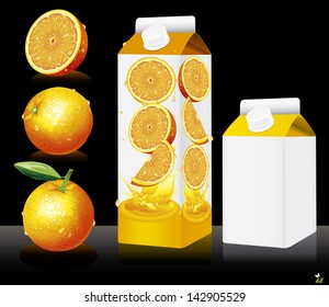Packages for juice, paper packing with oranges and leaves & text, vector illustration