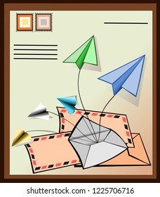 packages of mail, paper plane, stamps, address in one illustration