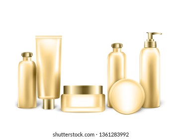 Packages Mockup Set of Empty Realistic Bottles and Tubes for Cosmetic Product in Gold Metallic Color. Collection of Plastic and Glass Containers with Pump, Dispenser. 3D Vector Realistic Illustration.