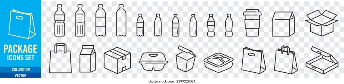 Packages, Mockups, Fast food, Handle bags, Paper bags, Cup, Editable stroke Linear icon collection Vector illustration