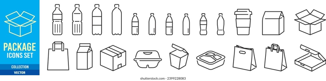 Packages, Mockups, Fast food, Handle bags, Paper bags, Cup, Editable stroke Linear icon collection Vector illustration