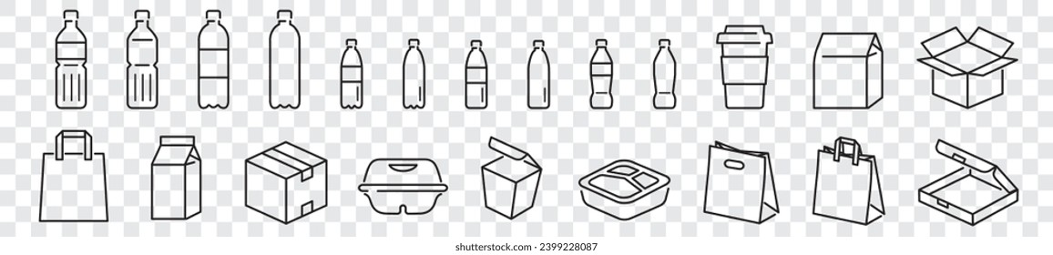 Packages, Mockups, Fast food, Handle bags, Paper bags, Cup, Editable stroke Linear icon collection Vector illustration