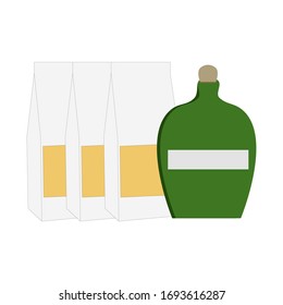 Packages of pasta, noodles fusilli and bottle of oil, vinegar, wine. Restaurant menu icon. Vector isolated painting art