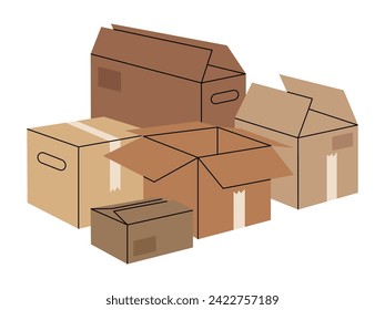 Los paquetes se acumulan. Cajas de cartón dibujadas a mano, cajas de carga apiladas, ilustraciones de vectores planas de la pila de cajas de cartón. Concepto de traslado o entrega