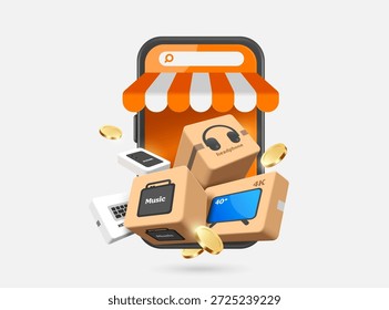Pacotes ou caixas de produtos, como TV, fones de ouvido, alto-falantes e moedas de ouro ou dólar, são colocados em frente a uma loja de smartphones para compras on-line, comércio eletrônico, design de publicidade de entrega