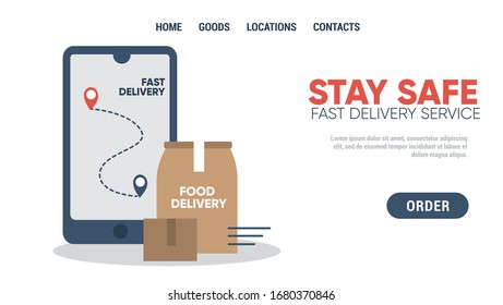 Packages and smartphone with tracker of delivery. Quarantine and virus infection prevention. Template for website, landing page. Flat vector illustration.