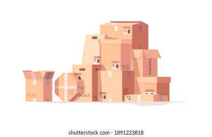 Packages stack. Delivery cardboard boxes cargo containers hills piles garish vector set