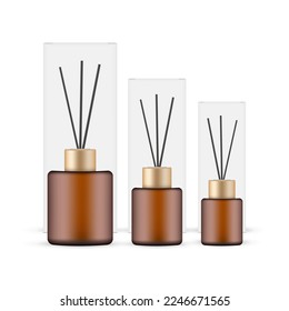 Packaging for Aroma Reed Diffuser, Amber Bottle and Box, Various Sizes, Isolated on White Background. Vector Illustration