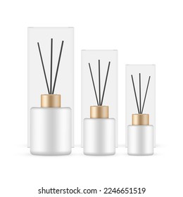 Packaging for Aromatherapy Reed Diffuser, Box and Bottle, Various Sizes, Isolated on White Background. Vector Illustration