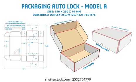 Embalaje Auto Lock - Modelo A 150 x 250 x 70 mm. Dibujo técnico 2D: ilustraciones reales (archivo Eps escala 1:1) estimaciones de troquelado equipadas preparadas para la producción. Caja 3D: ilustración solamente.