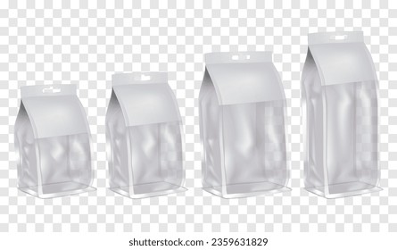 Packaging bag with clear window and euro slot hanger vector mockup. Blank white transparent stand-up package mock-up. Various sizes mockup kit. Template for design