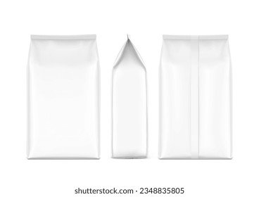 Packaging bag mockup. Front, side and back view. Vector illustration isolated on white background. Ready for use in presentation, promo, advertising and more. EPS10.	