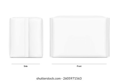 Packaging bag mockup. Front and side views. Vector illustration isolated on white background. Ready for your design. Suite for the presentation of pads, diaper, wipes, etc. EPS10.