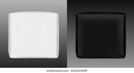 Maqueta de bolsa de embalaje. Vista frontal. Ilustración vectorial aislada sobre fondo gris degradado. Listo para su diseño. Suite para la presentación de toallas, pañales, toallitas, etc. EPS10.