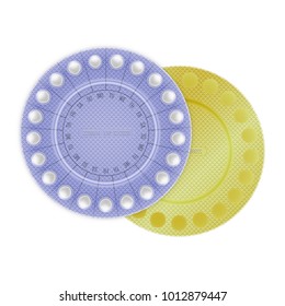 Packaging of birth control pills. Contraceptive pill, hormonal pills, birth control pills. Women oral contraception. Planning pregnancy concept.Realistic blister with contraceptive pills.