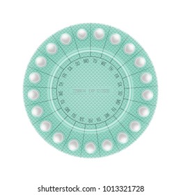 Packaging of birth control pills. Contraceptive pill, hormonal pills, birth control pills. Women oral contraception. Planning pregnancy concept.Realistic blister with contraceptive pills.