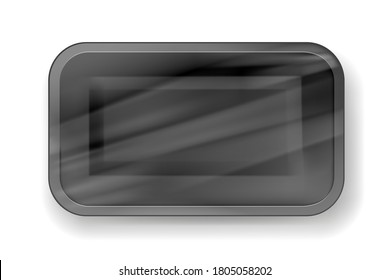 Packaging black foam tray wrapped in plastic realistic, template design on gray background, Eps 10 vector illustration