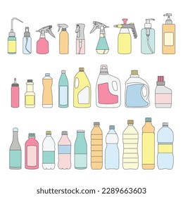 Colección de botellas de envasado conjunto de ilustración vectorial plana limpia de color pastel simple - agua potable, aceite, salsa, condimentos, jabón, herramientas de limpieza, perfume, leche, etc.