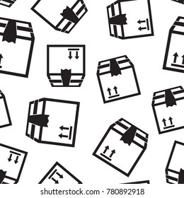 Packaging box with arrow symbol seamless pattern background. Business flat vector illustration. Shipping pack box delivery sign symbol pattern.