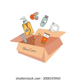 Packaging box with cosmetic products, bottles, tubes, massagers. Delivery by postal parcel with skin care cosmetics falling into it. Vector illustration