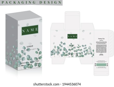 Packaging Box Design, Perfume Box die line, 3d Box Mockup labels, icon, frames and Design elements, 3d Illustration, Vector design Template.