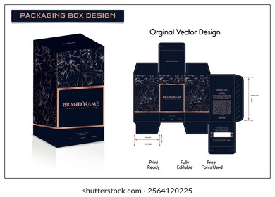 Packaging box design with perfume Box dies line, 3d Box Mockup, icon, frames and Design elements, 3d Illustration, Vector design Template.	