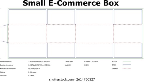 Packaging box die cut template for small ecommerce with dimensions and crease lines