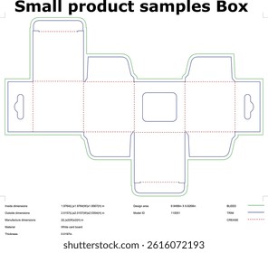 Packaging box die cut template for small product sample with dimensions and crease lines